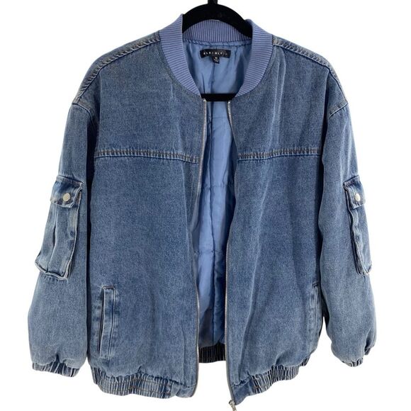 Blue Blush Women’s M Oversized Denim Bomber Jacket Blue Insulated Chore Barn - Picture 5 of 16